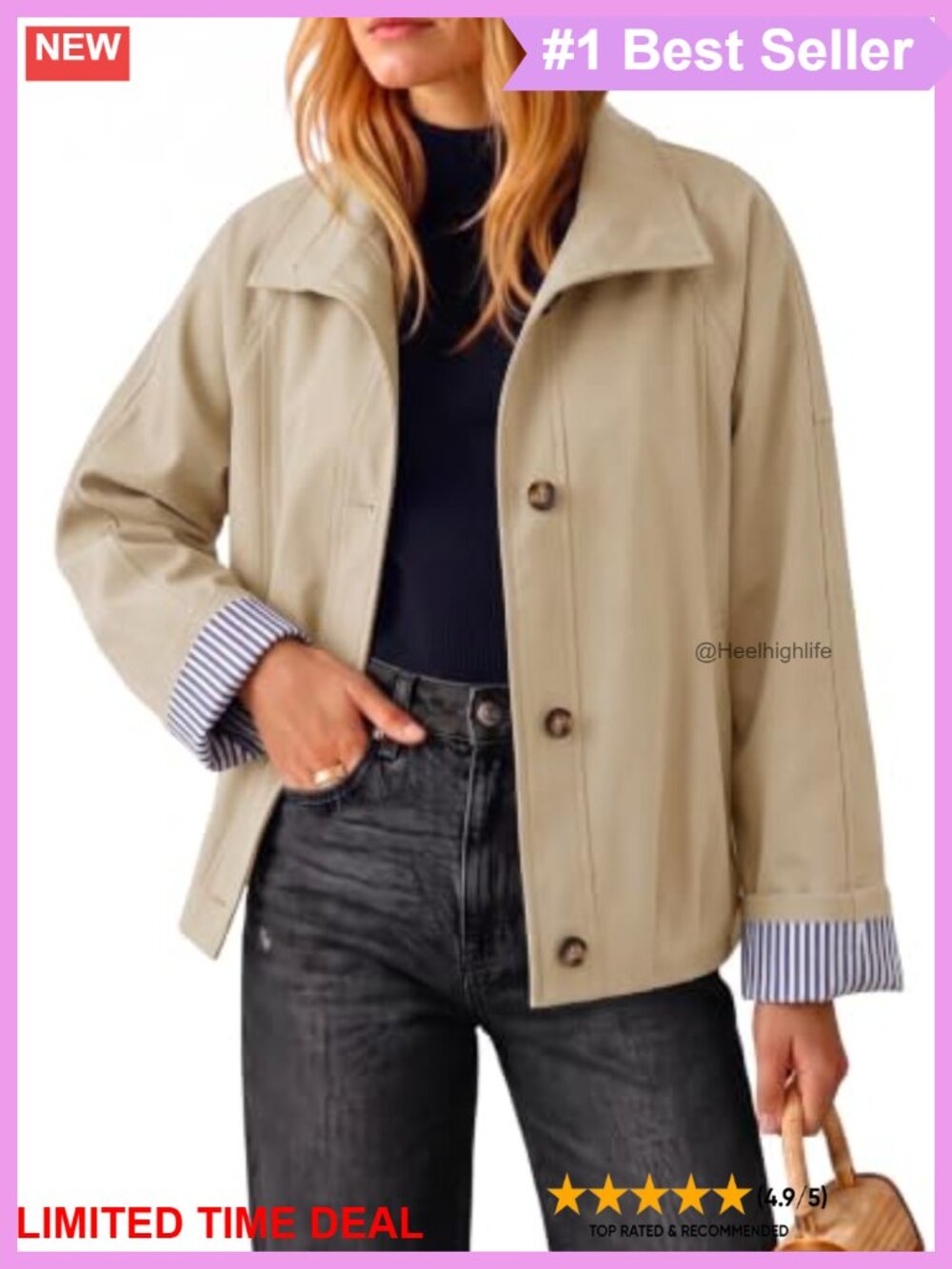 Cropped Trench Coat Oversized Relaxed Fit Striped Lining Casual Jacket